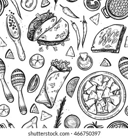 Hand drawn vector background - Mexican food (tacos, nachos, burritos, chili pepper, avocado, sauce, tomato, maracas). Sketch. Seamless pattern