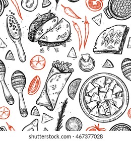 Hand drawn vector background - Mexican food (tacos, nachos, burritos, chili pepper, avocado, sauce, tomato, maracas). Sketch. Seamless pattern