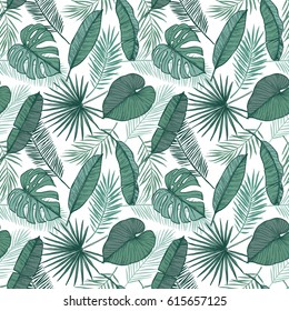 Hand drawn vector background - Palm leaves (monstera, areca, fan, banana). Tropical seamless pattern. Perfect for prints, posters, invitations etc