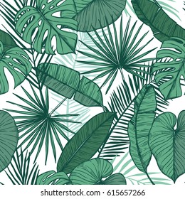 Hand drawn vector background - Palm leaves (monstera, areca, fan, banana). Tropical seamless pattern. Perfect for prints, posters, invitations etc