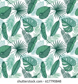 Hand drawn vector background - Palm leaves (monstera, areca, fan, banana). Tropical seamless pattern. Perfect for prints, posters, invitations etc
