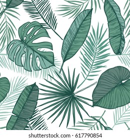 Hand drawn vector background - Palm leaves (monstera, areca, fan, banana). Tropical seamless pattern. Perfect for prints, posters, invitations etc