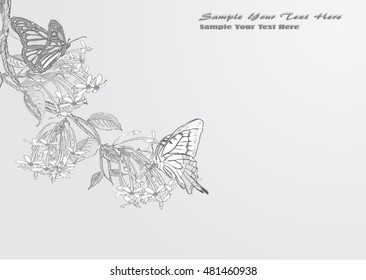 Hand drawn vector background rangoon creeper flower and butterflies fro text.