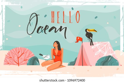 Hand drawn vector background scene with sea sand beach,blue waves,toucan bird,pink bohemian tent,girl character and Hello Ocean typography quote.