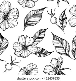 Hand drawn vector background. Seamless pattern with flowers, leaves and berries. Botanical illustration. 