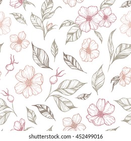 Hand drawn vector background. Seamless pattern with flowers, leaves and berries. Botanical illustration.