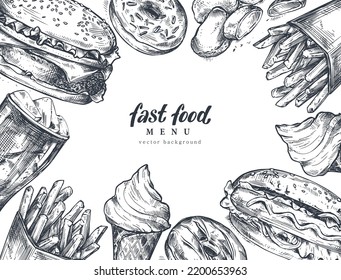 Hand drawn vector background set of fast food dishes in sketch style. Traditional American food. Can be used for menu, card, poster and flyers design.