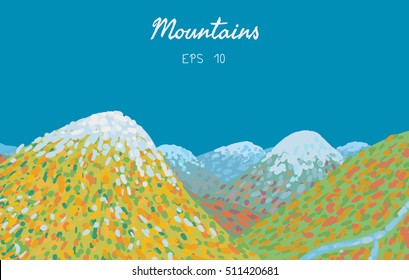 Hand drawn vector background with snowy peaks. Doodle illustration. Clip art for design.