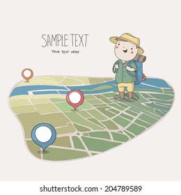 Fondo vector dibujado a mano con Viajero y pines. 