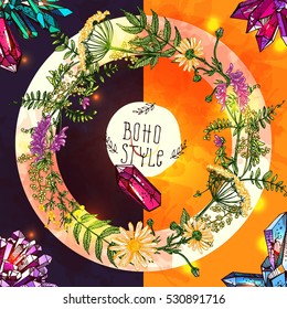 Hand drawn vector background with wildflowers and crystal. Boho style drawing. Us for print for t-shirt; smart phone; poster; web.