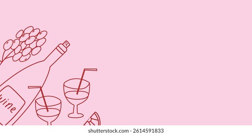 Hand drawn vector background with wine and glasses on a pink backdrop. Ideal for restaurant and café menus, food banners, and promotional designs with space for text.