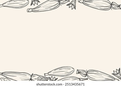 Hand drawn vector background with zucchini squash. Banner with flowers and leaves zucchini plant for text. Food illustration, vegetable harvest. Design for label, sign, wrapping, card, paper, logo