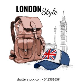 Hand drawn Vector Backpack and cap. London background. Vector illustration