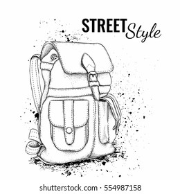 Hand drawn Vector Backpack. Mountain tourist equipment. Vector illustration