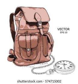 Hand drawn Vector Backpack and pocket watch on a chain. It's time to travel Concept.  Vector illustration