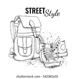 Hand drawn Vector Backpack and sneakers. Vector illustration