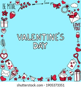 
Hand drawn vector badges and icons about love. Hearts, letters, bows, desserts, boxes with gifts. Illustration for Valentine's day, wedding or for a declaration of love. Frame for postcard or banner