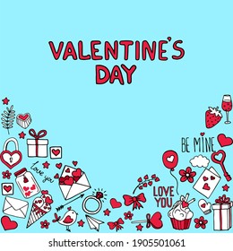 
Hand drawn vector badges and icons about love. Hearts, letters, bows, desserts, boxes with gifts. Illustration for Valentine's day, wedding or for a declaration of love. Frame for postcard or banner