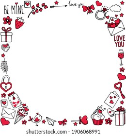 
Hand drawn vector badges and icons about love. Hearts, letters, bows, desserts, boxes with gifts. Illustration for Valentine's day, wedding or for a declaration of love. Frame for postcard or banner