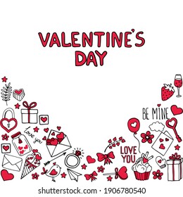 Hand drawn vector badges and icons about love. Hearts, letters, bows, desserts, boxes with gifts. Illustration for Valentine's day, wedding or for a declaration of love. Frame for postcard or banner