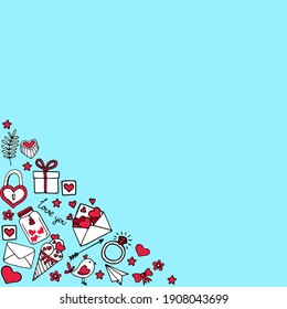 
Hand drawn vector badges and icons about love. Hearts, letters, bows, desserts, boxes with gifts. Illustration for Valentine's day, wedding or for a declaration of love. Frame for postcard or banner