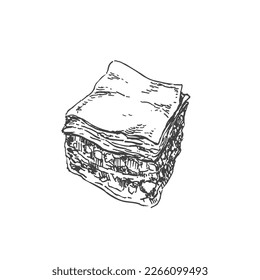 Dibujo manual del vector Baklava Línea de postres turco ilustración. Postre de nuez de capa dulce con miel y mantequilla, comida dulce tradicional de Turquía. Pastelería oriental, pastelitos. Diseño de plantilla para el menú, un