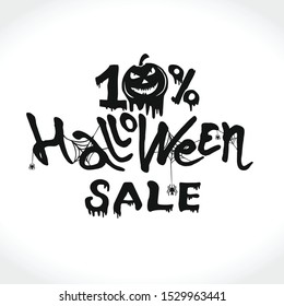 Hand drawn vector banner Halloween Sale. 10 percent discount on purchases. Modern brush calligraphy with spider web. Letters of molten wax. Template as scary banner, design, print, typography poster.
