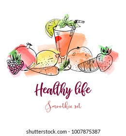Hand drawn vector banner of original smoothie fruits on watercolor background.