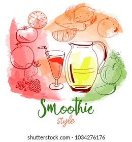 Hand drawn vector banner of original smoothie fruits on watercolor background.