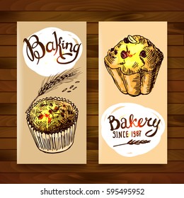 Hand drawn vector banners bakery. Baking elements for your design. Sketch style.