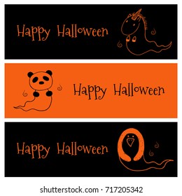 Hand drawn vector banners in black and orange with cute funny cartoon ghost animals: unicorn, panda, penguin, with place for text. Isolated objects. Design concept for children, Halloween elements.