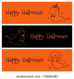 Hand drawn vector banners in black and orange with cute funny cartoon ghost animals: unicorn, sheep, dog (or bunny), with place for text. Isolated objects. Design concept for kids, Halloween elements.