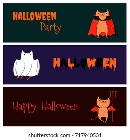 Hand drawn vector banners with cute funny cartoon cats: ghost, devil, vampire, with place for text. Isolated objects. Design concept for kids, Halloween elements.