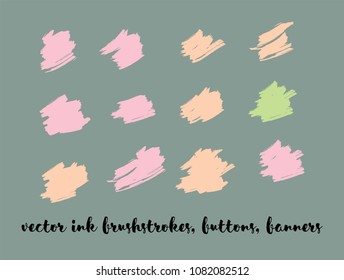 Hand Drawn Vector Banners Set. Blue, Pink, Purple Logos, Paint Brush Lipstick Smears. Modern Graffiti Ads Background, Artistic Paintbrush Doodles. Trendy Fashion Ink Vector Banners Set.