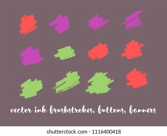 Hand Drawn Vector Banners Set. Blue, Pink, Purple Splats, Paintbrush Lipstick Smears. Hipster Graffiti Ads Background, Vintage Paintbrush Doodles. Trendy Fashion Ink Vector Banners Set.