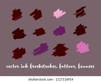 Hand Drawn Vector Banners Set. Blue, Pink, Purple Logos, Paint Brush Lipstick Smears. Modern Graffiti Ads Background, Artistic Paintbrush Doodles. Rich VIP Fashion Ink Vector Banners Set.