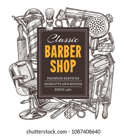 Hand drawn vector barber shop background with sketch engraving illustration. Monochrome templates design for hair salon