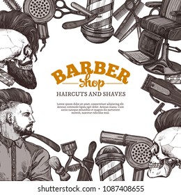 Hand drawn vector barber shop background with sketch engraving illustration. Monochrome templates design for hair salon