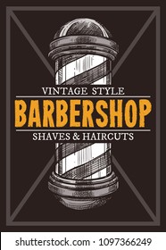 Hand drawn vector barber shop poster with signboard. Barbershop design with sketch engraving illustration and typography