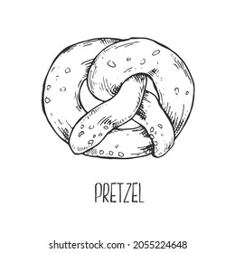 Hand drawn vector bavarian pretzel illustration. German fresh bread snack. Bakery linear drawing. Isolated outline images for design, packaging, menu