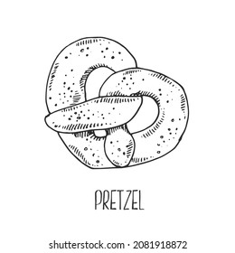 Hand drawn vector bavarian pretzel illustration. German fresh bread snack. Bakery linear drawing. Isolated outline images for design, packaging, menu