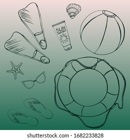 Hand drawn vector beach set with flippers, lifebuoy, ball, sunglasses, shoes, starfish, shell and sunblock cream
