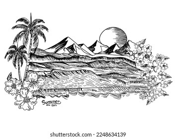 Esbozo vectorial de playa dibujado a mano con montaña, flores, palmera y sol, vista panorámica de la playa. Ejemplo vectorial del paseo marítimo con palmeras, divanes, sombrillas y yates. Negro y blanco