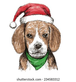 hand drawn vector of beagle with christmas hat on white background