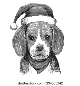 hand drawn vector of beagle with christmas hat on white background