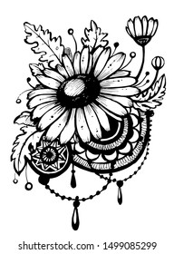 Hand drawn vector beautiful camomile  flower with decorative ornamental mandalas and tribal beads. Black and white Tattoo and Mehndi sketch. Boho style. 