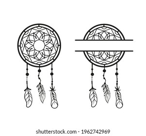 Hand drawn vector beautiful dream catcher with feathers. Black and white sketch. Boho style. Dream catcher with monogram