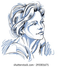Hand drawn vector beautiful dreamy woman, illustration of an attractive female feeling sad and depressed. Portrait of a bemused girl, sketch.