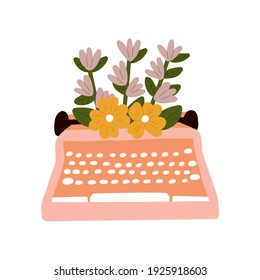 Hand drawn vector Beautiful Flowers Growing out from a Old styled Vintage Typewriter Scandinavian Illustration. Spring Event, Love Valentine's day. Womans Day or Mothers Day Greeting Card or Poster.