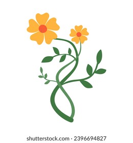 Hand drawn vector beautiful flowers. Decorative wildflower branch in colored flat style isolated on white background. Floral plant, Gentle and fragile blooms for decoration. Flat vector illustration